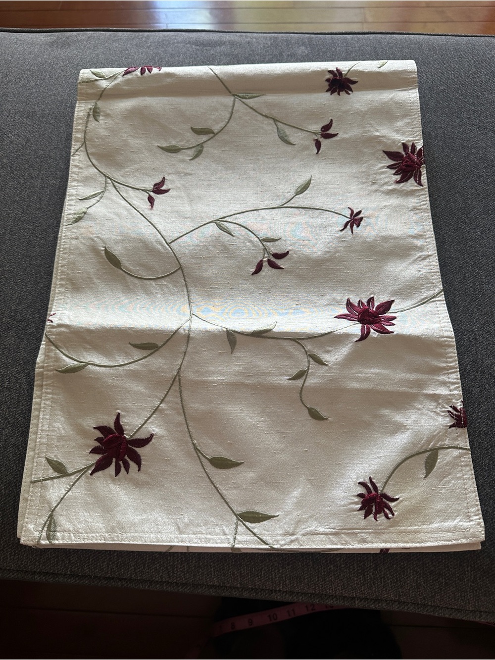 Embroidered Floral Table Runner in Ivory with Burgundy Accents (72 Inches)